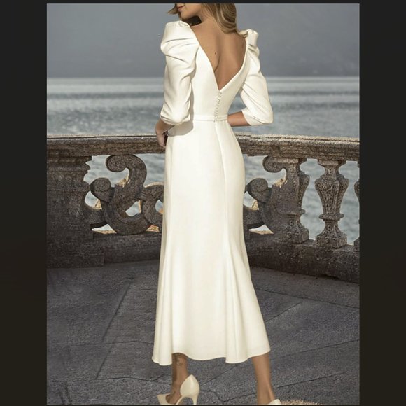 Light in the Box Vintage White Ivory Midi Tea Length Dress Puff Sleeve Size 4 - Picture 2 of 12